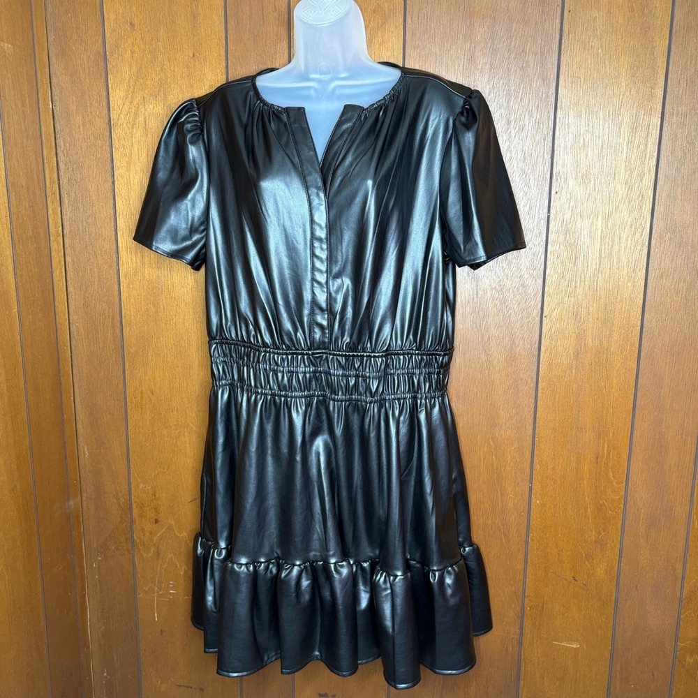 Grey Collective Faux Leather Dress Women XL Black Smocked Waist Ruffle Goth Edgy